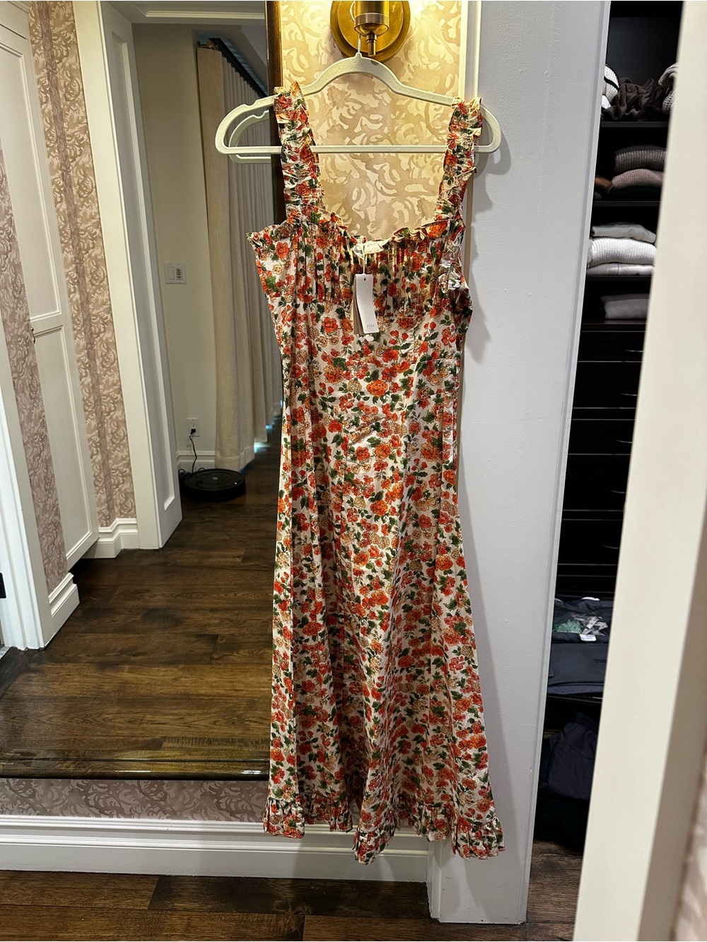 NWT DÔEN Floral Ruffle-Strap Dress in Cream and Orange